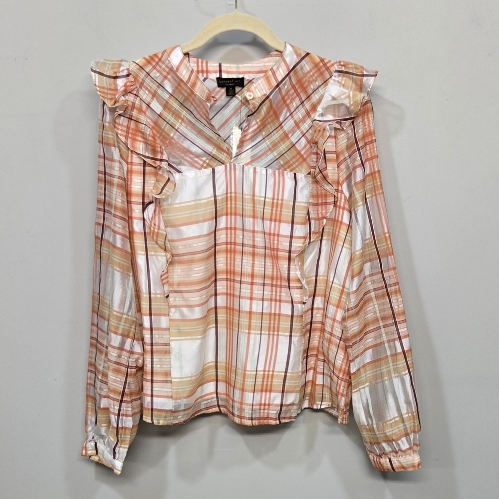 Current Air Anthropologie Plaid Ruffle Shirt Women Medium Pink Sheer Cottagecore